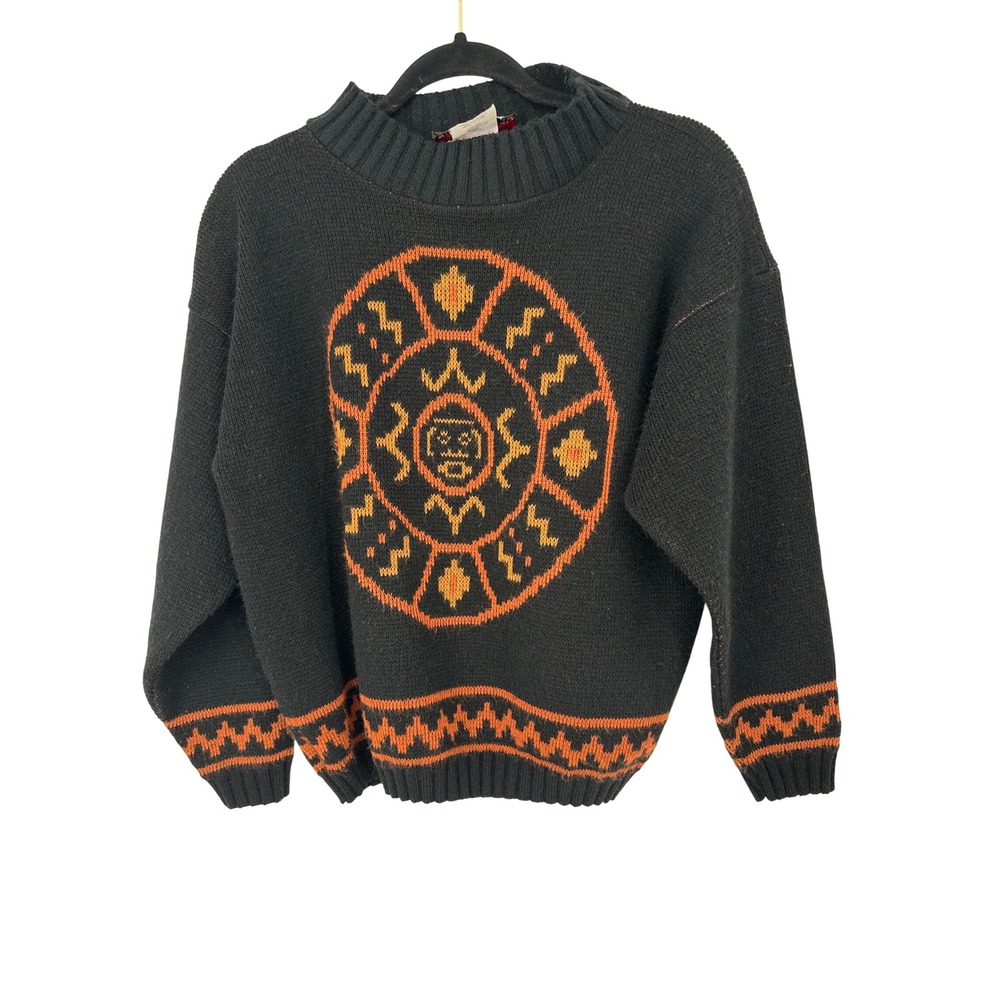 Vintage Aztec Sun Sweater Womens Large Black Orange Southwest Native American